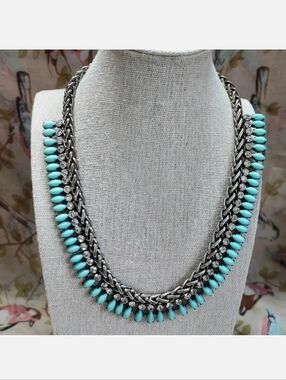 CHICO'S Turquoise Color Navette Statement Necklace Clear Rhinestones Silver Tone